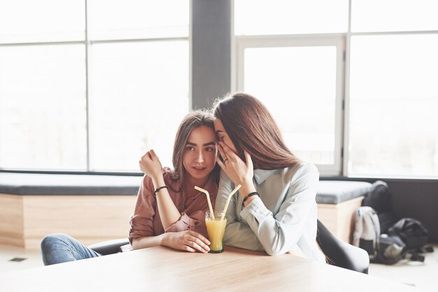 Deux belles filles jumelles passent du temps à boire du jus.