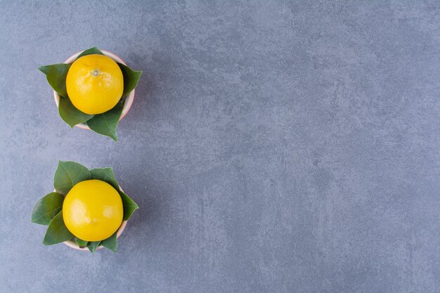 Deux bols de citrons mûrs avec des feuilles sur une table en marbre.