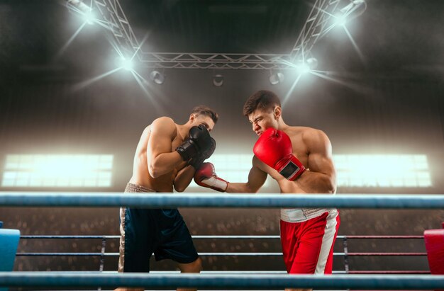 Deux boxeurs se battent sur un ring de boxe professionnel