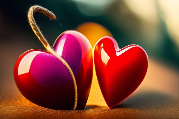 Deux coeurs sont posés sur une table avec le mot amour dessus