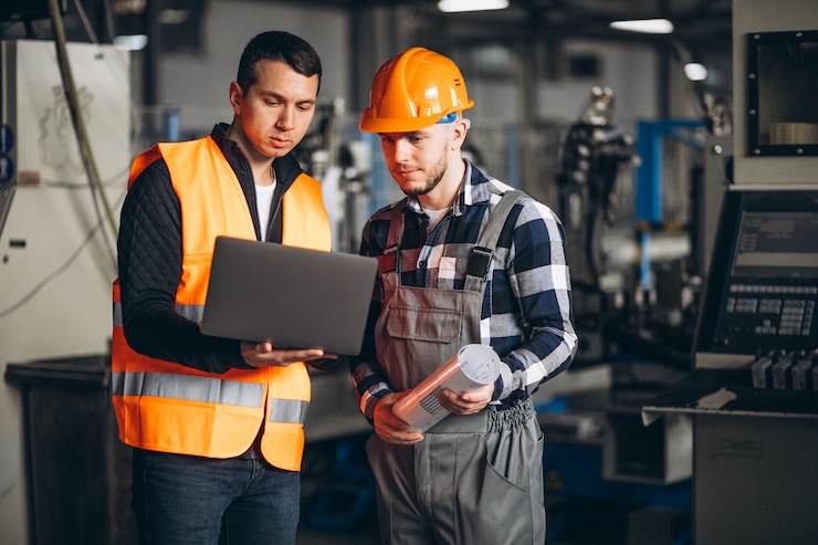Photo gratuit deux collègues dans une usine