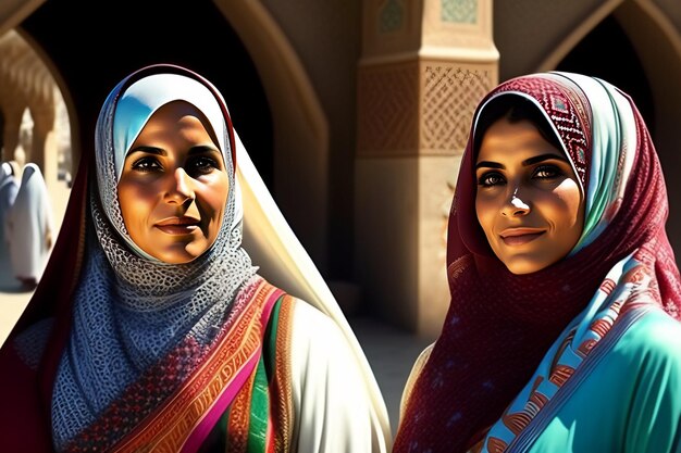 Photo gratuite deux femmes devant une mosquée