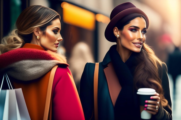 Deux femmes marchant dans une rue, l'une portant un manteau rouge et l'autre portant un chapeau.