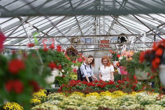 Deux femmes posant dans une serre entre des centaines de fleurs