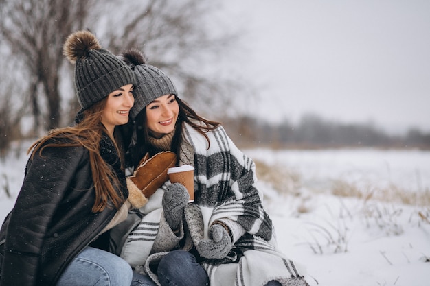 Deux filles marchant ensemble dans un parc d'hiver