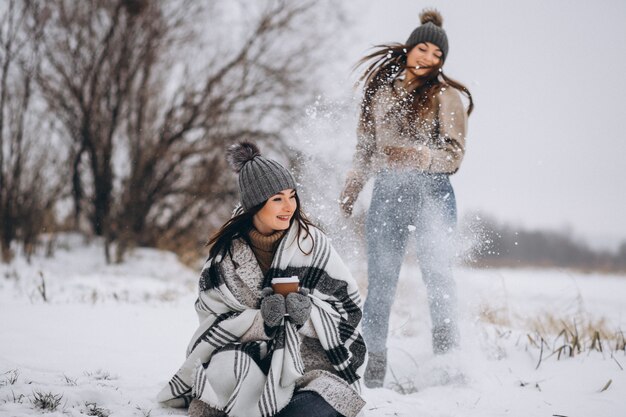 Deux filles marchant ensemble dans un parc d&#39;hiver