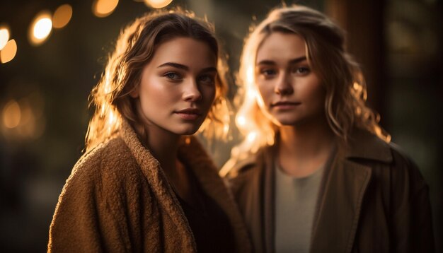 Deux filles se tiennent devant une lumière qui brille sur le côté gauche de l'image.