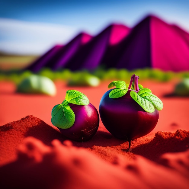 Photo gratuite deux grenades sont assises sur un sable rouge avec une pyramide violette en arrière-plan.