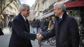 Photo gratuite deux hommes face à face, se serrant la main et marchant à travers paris.