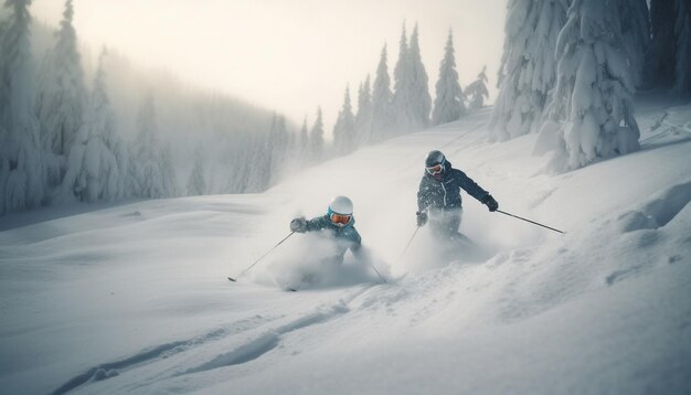 Deux hommes skiant sur la montagne en hiver générés par l'IA
