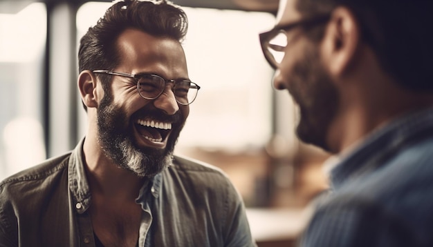 Photo gratuite deux jeunes hommes adultes avec des barbes souriantes générées par l'ia