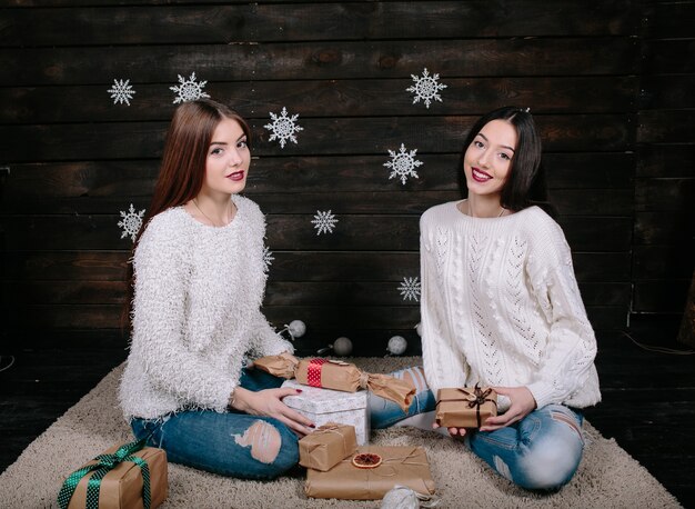 Deux jolies femmes posant avec des cadeaux pour Noël