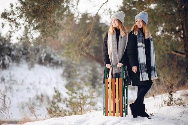 Deux jolies filles dans un parc d'hiver