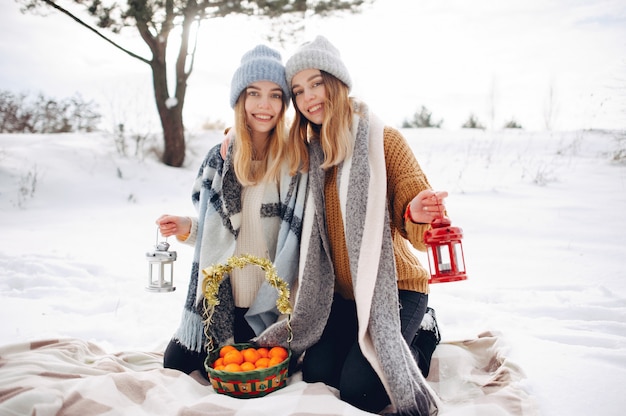 Deux jolies filles dans un parc d&#39;hiver