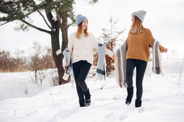 Deux jolies filles dans un parc d&#39;hiver