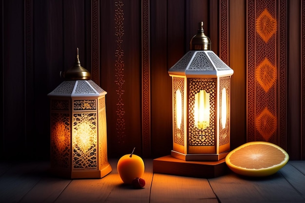Deux lanternes sont posées sur une table avec un fruit sur la table.