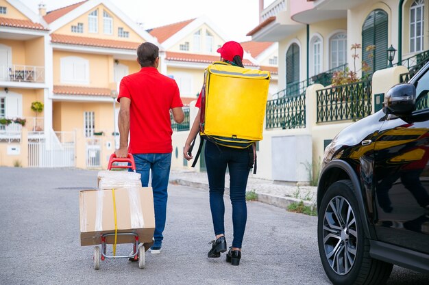 Deux livreurs marchent et cherchent une adresse. Vue arrière des courriers adultes livrant la commande dans un sac isotherme et des boîtes en carton sur chariot. Service de livraison, concept de poste et d'expédition