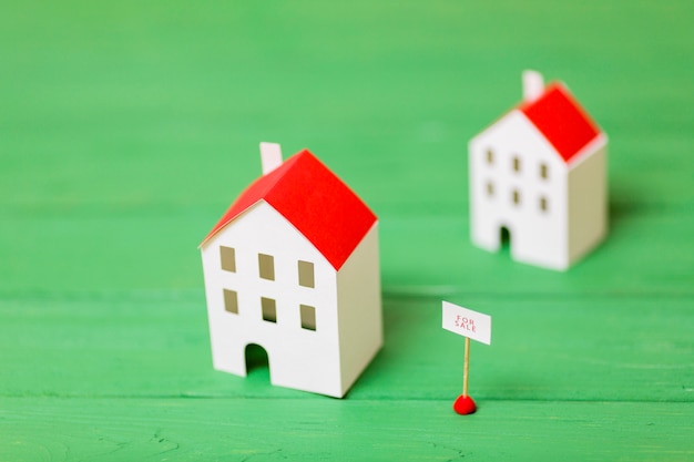 Deux modèles de maisons miniatures à vendre sur un bureau en bois vert