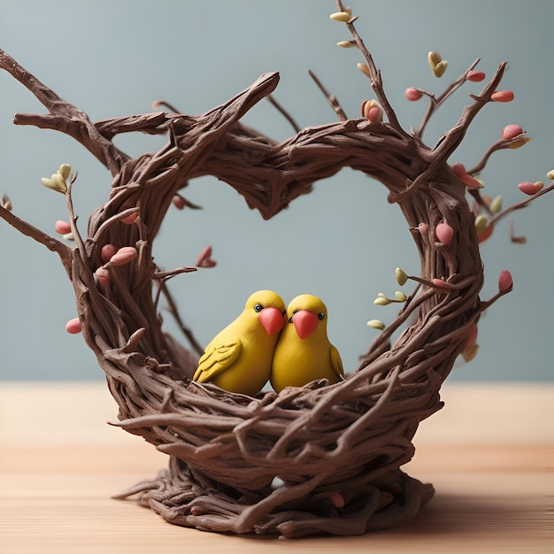 Photo gratuite deux oiseaux jaunes dans un nid de brindilles avec des fleurs printanières