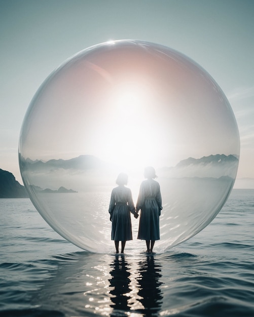Deux personnes à l'intérieur d'une bulle sur la mer