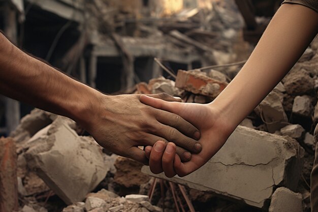 Deux personnes se tenant la main après le tremblement de terre