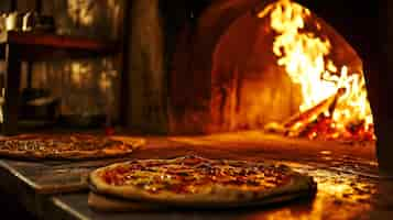 Photo gratuite deux pizzas fraîchement cuites au four à bois cuisant des pizzas dans un vieux café traditionnel