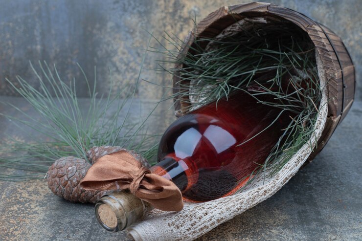 Photo gratuit deux pommes de pin avec une bouteille de vin sur fond de marbre. photo de haute qualité