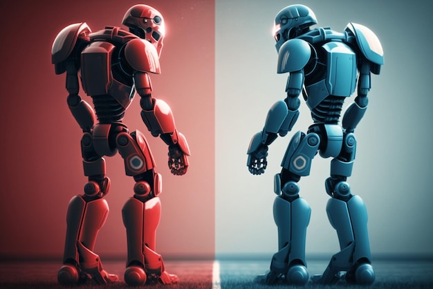 Photo gratuite deux robots futuristes avant match en bleu et rouge ai générative