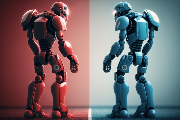 Deux robots futuristes avant match en bleu et rouge AI générative