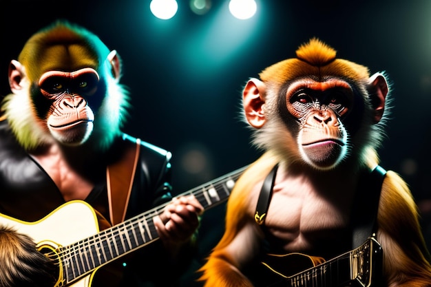 Photo gratuite deux singes jouant de la guitare et chantant.