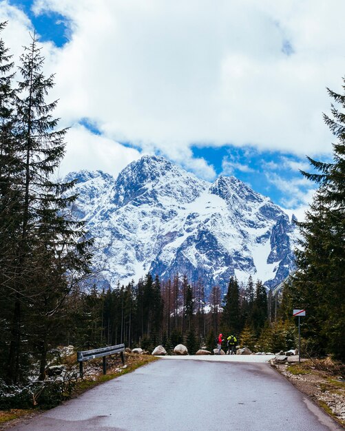 Deux touristes se tenant sur la route près de la montagne enneigée