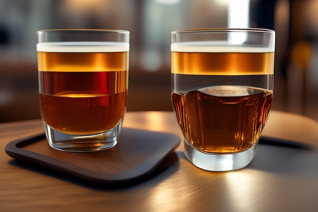 Photo gratuite deux verres de bière sont assis sur une table avec un verre de bière dessus.