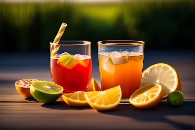 Photo gratuite deux verres de cocktails avec des citrons verts et des citrons verts sur une table