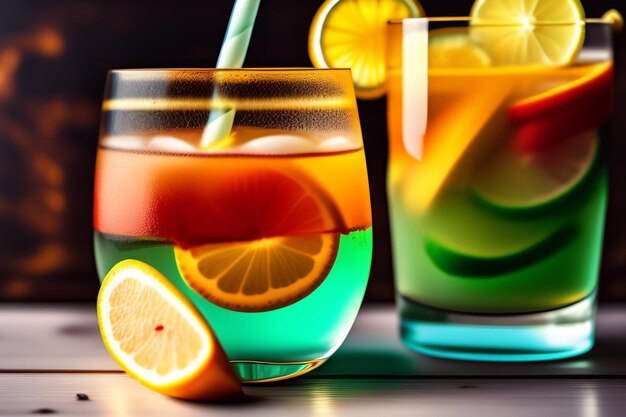 Deux verres de cocktails colorés avec une paille à côté d'eux.