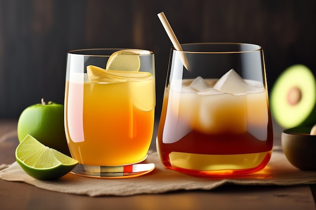 Photo gratuite deux verres de cocktails avec des glaçons et une paille à côté.