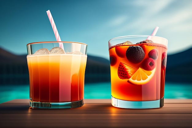 Photo gratuite deux verres de cocktails avec une paille et une boisson avec une paille rouge.