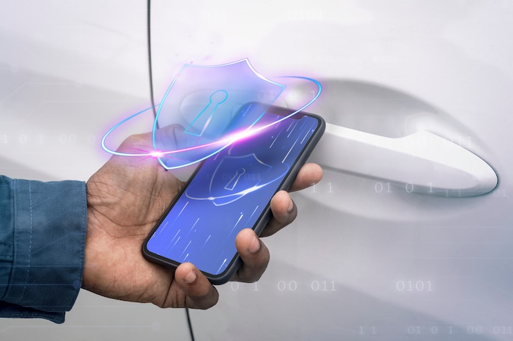 Photo gratuit déverrouillage de la sécurité de la voiture intelligente via le remix numérique du smartphone