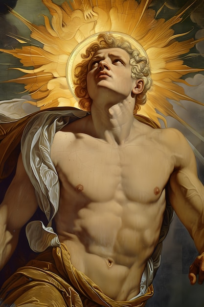 Le dieu soleil représenté comme un homme puissant dans un décor de la Renaissance