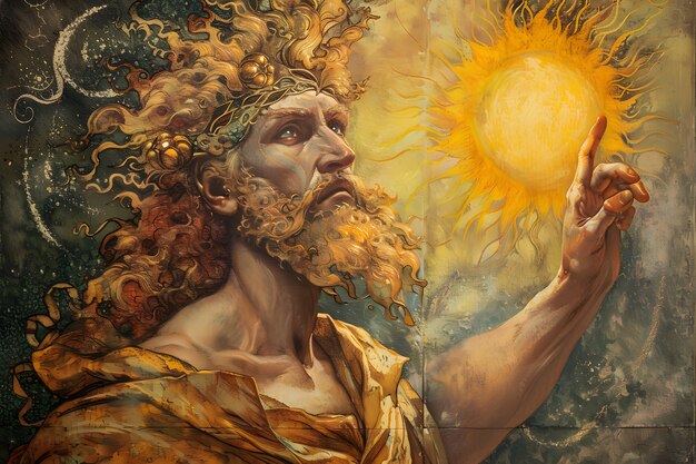 Le dieu soleil représenté comme un homme puissant dans un décor de la Renaissance