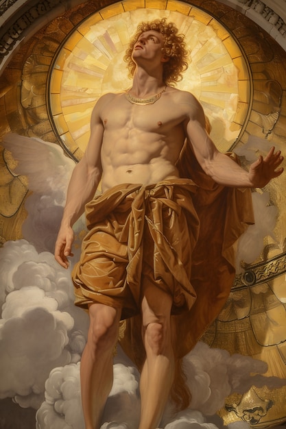 Le dieu soleil représenté comme un homme puissant dans un décor de la Renaissance