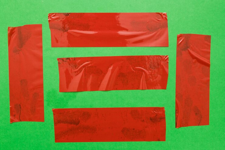 Photo gratuit différentes pièces de ruban rouge sur le mur vert