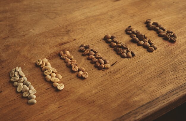 Différentes qualités de torréfaction de café, sept sortes de grains frais crus au chocolat cuit au four bien chaud pour l'espresso