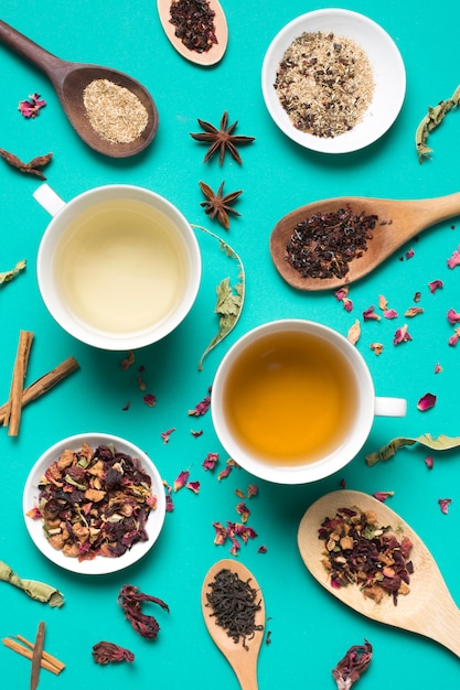 Différents types de tasses à thé blanc avec des épices et des herbes sur fond turquoise