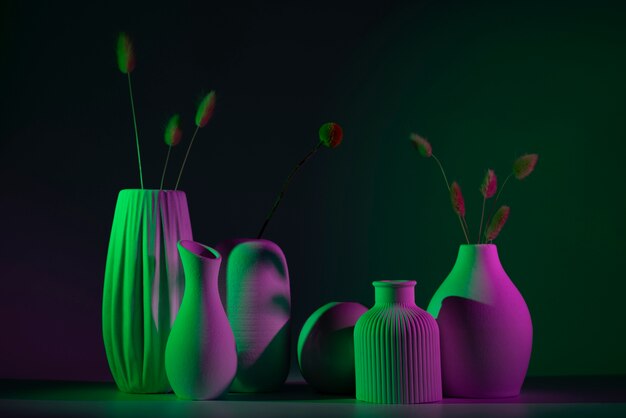 Différents vases avec assortiment de lumière verte et rose