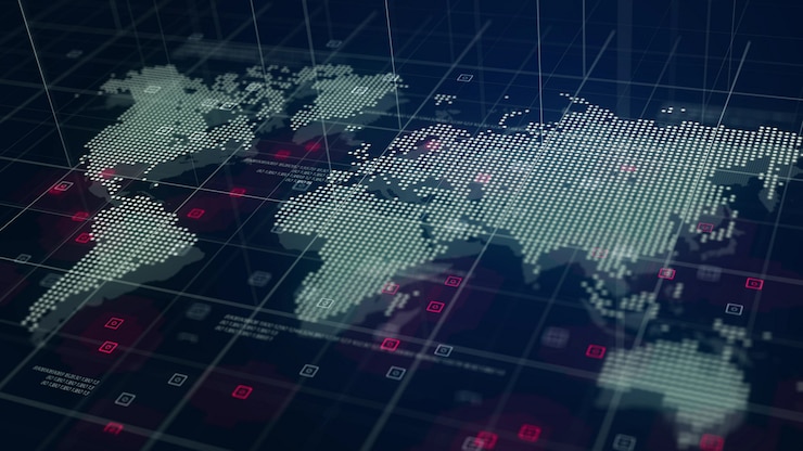 Photo gratuit digital world map hologram fond bleu