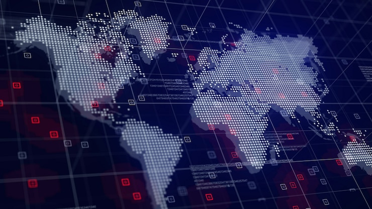 Photo gratuit digital world map hologram fond bleu