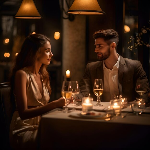 Dîner romantique dans un restaurant Un jeune couple assis à la table et se regardant