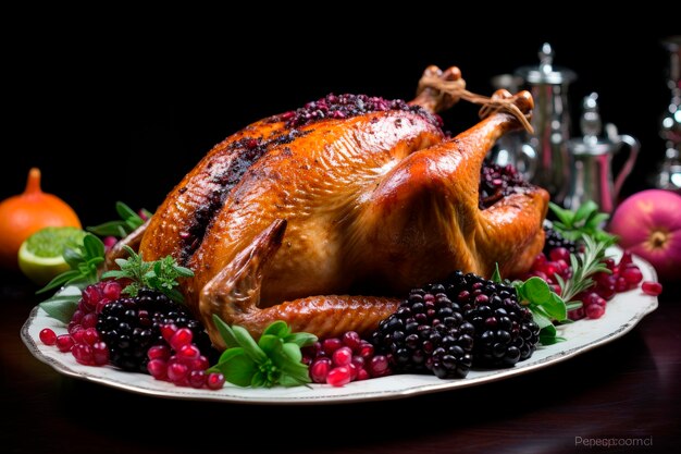 Photo gratuite dîner traditionnel de thanksgiving avec dinde rôtie sur une table en bois rustique