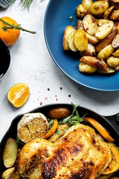 Dîner de vacances avec photographie culinaire de poulet rôti et de pommes de terre