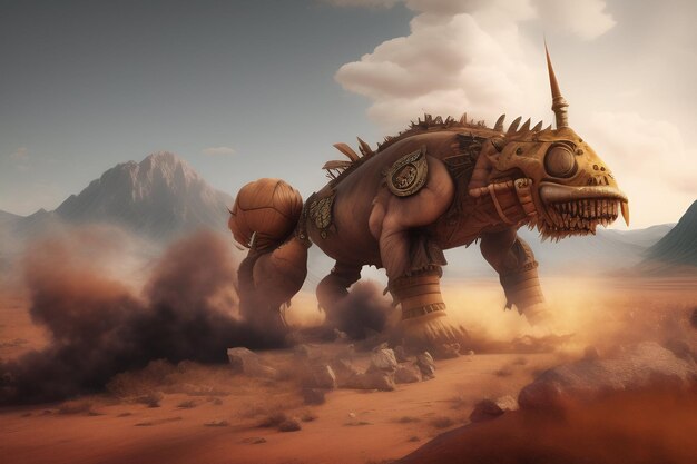 Un dinosaure géant avec un insecte géant sur le dos se promène dans le désert.